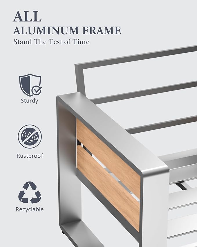 ZANDOR Aluminum Outdoor Patio Conversation Furniture Set, 4 PCS Metal Modern Outside Sectional Lawn Furniture with Coffee Table & Washable Thick Cushions,Seating Sofa for Garden/Backyard/Porch Silver