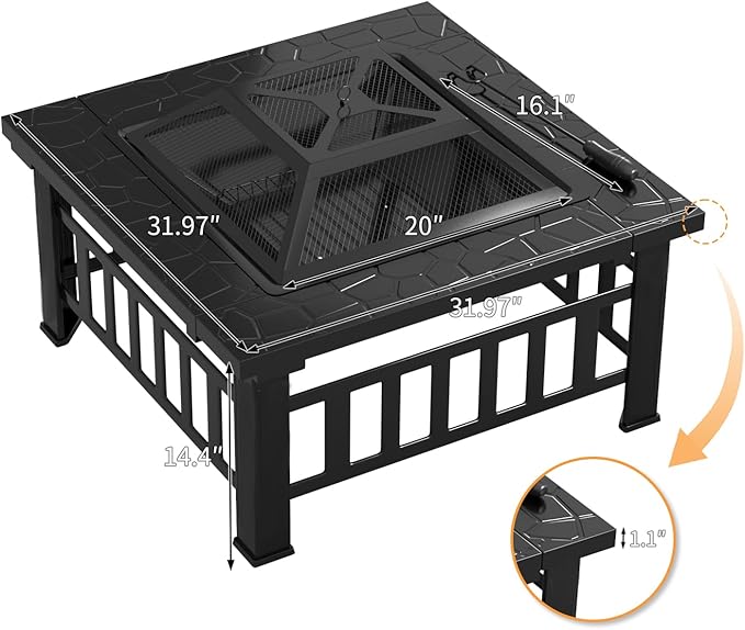 Flamaker Outdoor Fire Pit 32 Inch Patio Square Metal Firepit with Cover Poker & Grate Wood Burning Fireplace Backyard Stove for Outside Heating Camping
