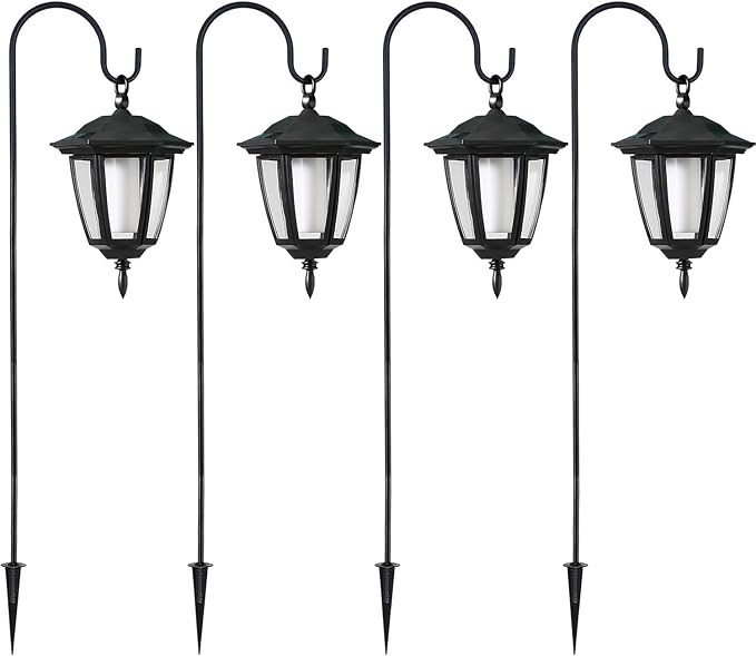 Dynaming 4 Pack Solar Halloween Flame Hanging Lights Outdoor, Flickering Flame LED Garden Lanterns with 4x38 Inch Shepherd Hooks, Landscape Lighting Waterproof for Lawn Yard Pathway Driveway, Purple