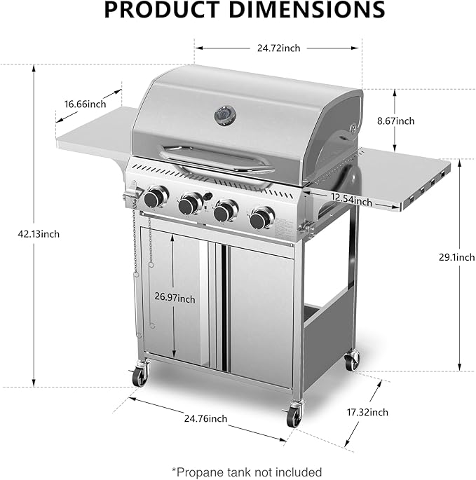 4-Burner Propane Gas Grill with 304 Stainless Steel Cooking Grid, Hanging Hooks/Heat-Resistant Handle, 32000BTU Stainless Steel BBQ Grill with Portable Wheels for Camping/Patio/Backyard