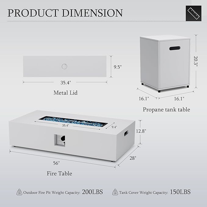 UPHA 56-inch Outdoor Propane Gas Fire Pit Table 50000 BTU Iron Rectangle Firepit for Outside Patio with Tank Hidden Table, Removable Lid, Blue Glass Rocks, Rain Cover, White
