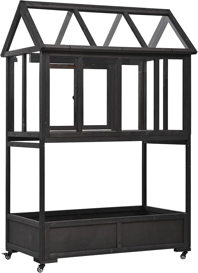 Garden Wood Portable Cold Frame - Mini Greenhouse with Wheels, Open Roof & Storage (Black+ Wood Color + WoodColor)