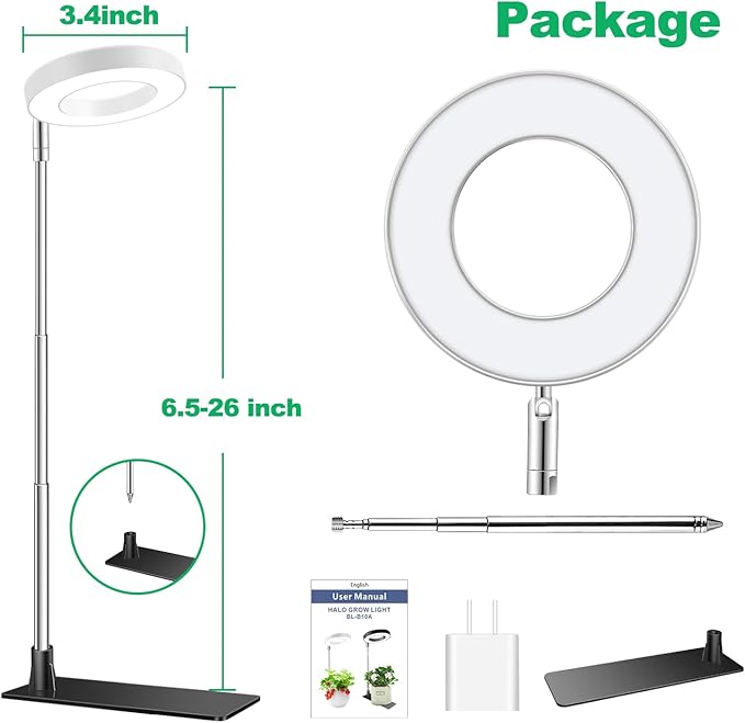 Grow Lights for Indoor Plants, Full Spectrum Plant Lights for Indoor Growing with with 3/9/12H Timer, 3 Color Modes, 10 Brightness, 6.5"-26" Height Adjustable Small Grow Light, 1 Pack(3.4in)