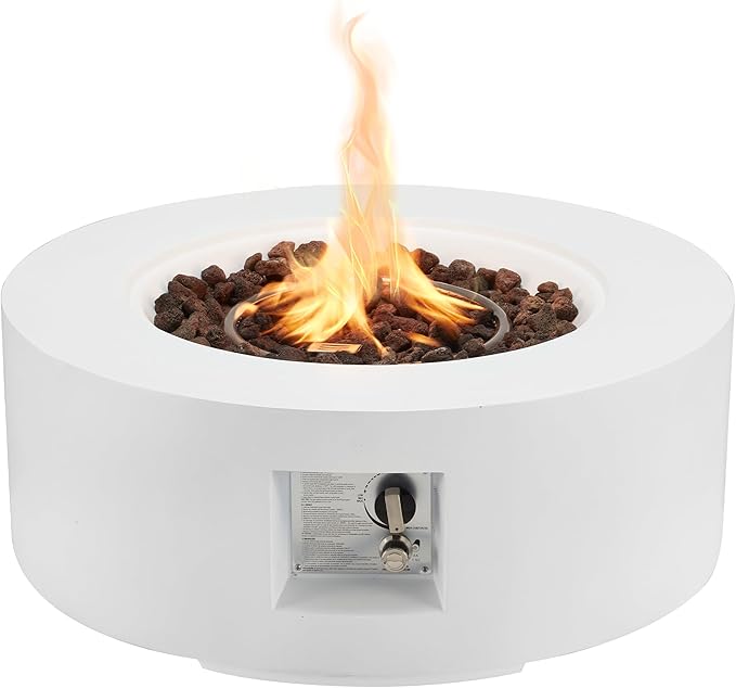 ECOTOUGE Round Gas Fire Pit, 30 Inch Outdoor Propane Firepit Table, Steel Fire Table w/50,000 BTU Auto-Ignition, Weather-Resistant Pit Cover, Lava Rocks, No Tank Holder, White