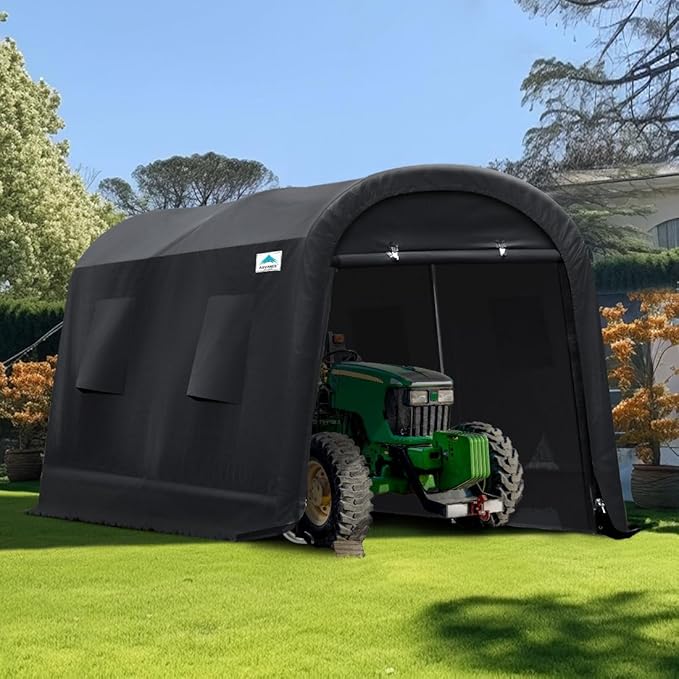 ADVANCE OUTDOOR 7x12 ft Shelter Storage Shed Steel Metal Round Peak Roof Portable Garage Carport for Motorcycle, Boat, or Garden Tools with 2 Roll up Doors & Vents, Gray