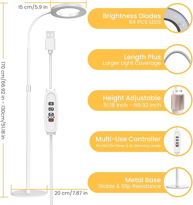 bseah Plant Grow Light for Indoor Plants, Full Spectrum Grow Lamp with Pedestal Stand, Automatic Timer for 3H/9H/12H, Height Adjustable 51-67in White