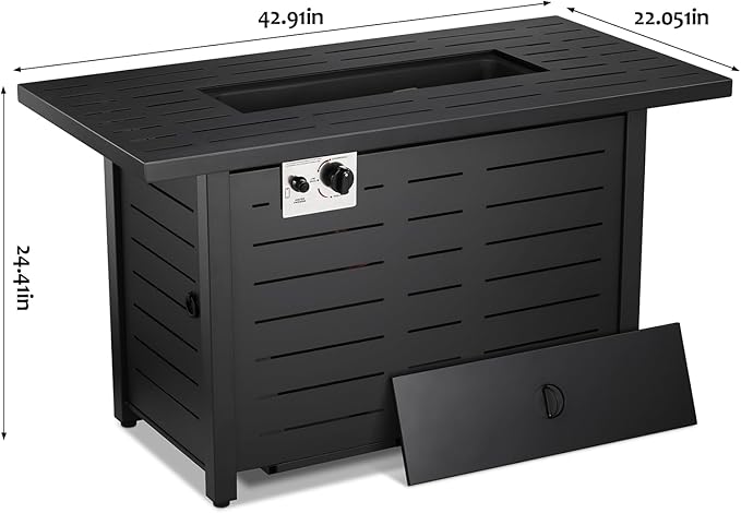 ZAFRO 43" Black Rectangular Metal Propane Gas Fire Pit Table with Lid, 50000BTU, for 20Lbs Tank, Warm& Comfortable& Reliable Fire Pit Table for Garden, Balcony