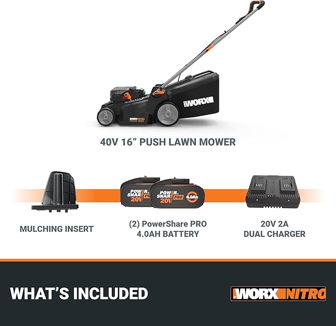 WORX Nitro 40V 16" Cordless Lawn Mower w/Brushless Motor 2.0 & Intellicut, 2-in-1 Electric Mower w/Mulch Blade, Lightweight Push Lawn Mower for 1/4 Acre WG737 – Batteries & Charger Included