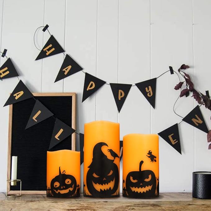 Eldnacele Halloween Flameless Candles, LED Flickering Battery Pillar Candles with 6H Timer and Pumpkin Decals, Spooky Fall Halloween Festival Party Decoration Set of 3 (D 3β x H 4β 5β 6β)