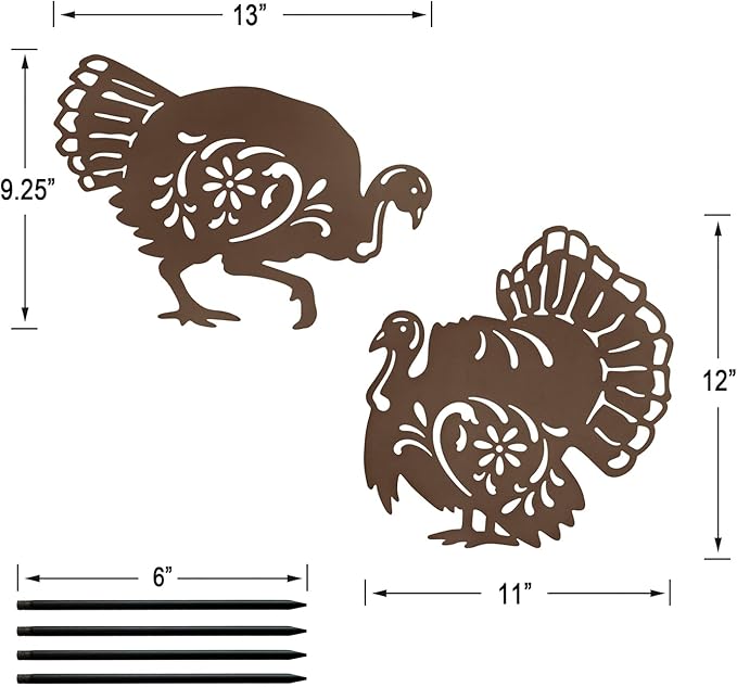 Metal Turkey Garden Stakes Set of 2 Outdoor Thanksgiving Yard Decor Rusty Turkey Garden Statues Waterproof Steady (Turkey Rusty)