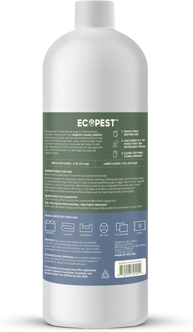 BugOut! Laundry Additive – Natural Detergent Booster for Bed Bug, Mite, Flea, & Tick Treatment & Prevention | Plant-Based Killer, Made with Fabric-Safe Soap | Works in Hot and Cold Wash (32 Oz)