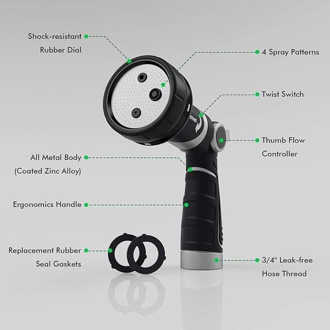RESTMO 2-IN-1 Garden Hose Nozzle, Heavy Duty Metal Water Hose Nozzle with 4 Spray Patterns, Magic Twist and Thumb Flow Control, Ideal for Watering Plants & Lawns, Washing Cars & Pets, Black