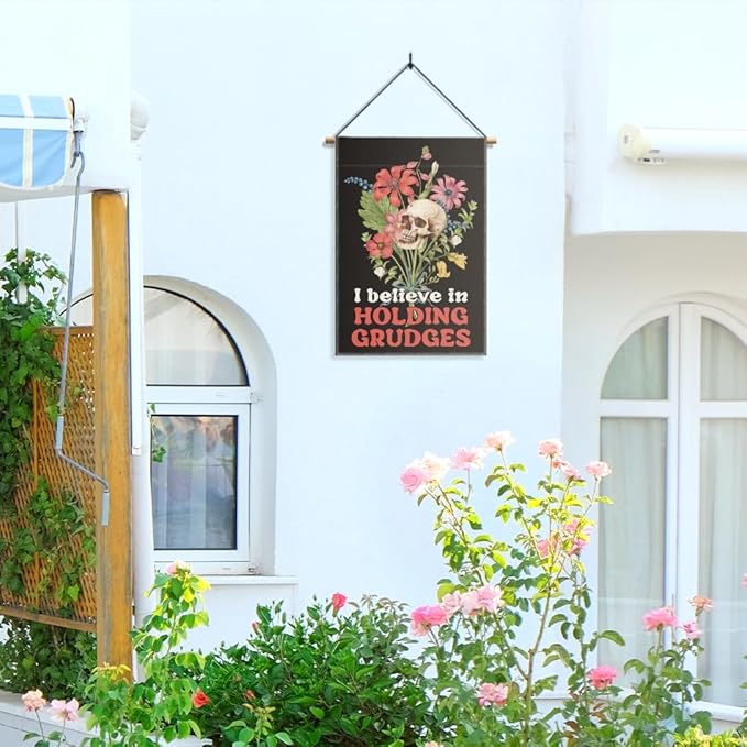 I Believe In Holding Grudges Garden Flag, Funny Floral Skull Halloween Yard Sign for Outside, Sarcastic Skeleton Halloween Decor for Ourdoor Lawn Porch, Inclusive Equality Liberal Fall Banner