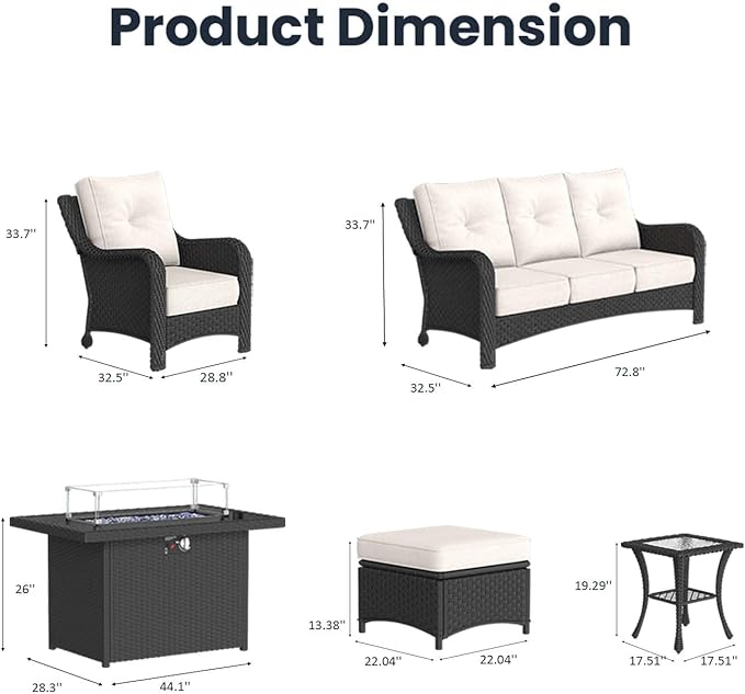 7 Pieces Outdoor Patio Furniture Sets with Single Chairs with 6-inch Thick Cushion and Fire Pit Table for Deck Lawn