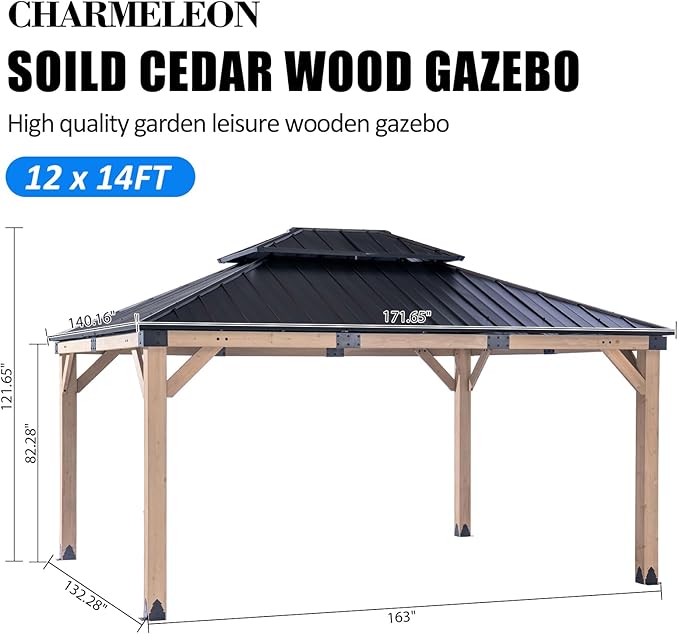 CHARMELEON 12x14 Cedar Wood Gazebo,Heavy Duty Patio Gazebo with Metal Roof,Permanent Hardtop Gazebos Pavilion with Mosquito Netting and Curtains for Backyard,Outdoor,Deck,Garden,Porch