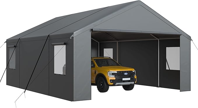 Carport, Heavy Duty Car Port 20x20 FT, Large Car Canopy with Roll-Up Windows & Side-Opening Door, Outdoor Portable Garage Reinforced Four-Hole Base for Car, Truck, Boat, Motorcycle