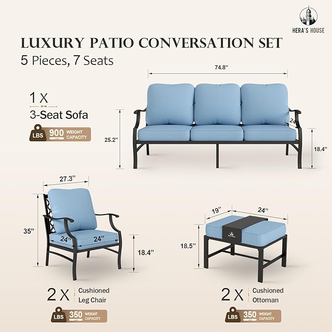 HERA'S HOUSE 5 Piece Patio Furniture Set, 2 x Cushioned Metal Chair, 2 x Ottoman, 1 x 3-Seat Sofa, All Cushioned 7 Seats Outdoor Conversation Set for Lawn Garden Backyard, Blue