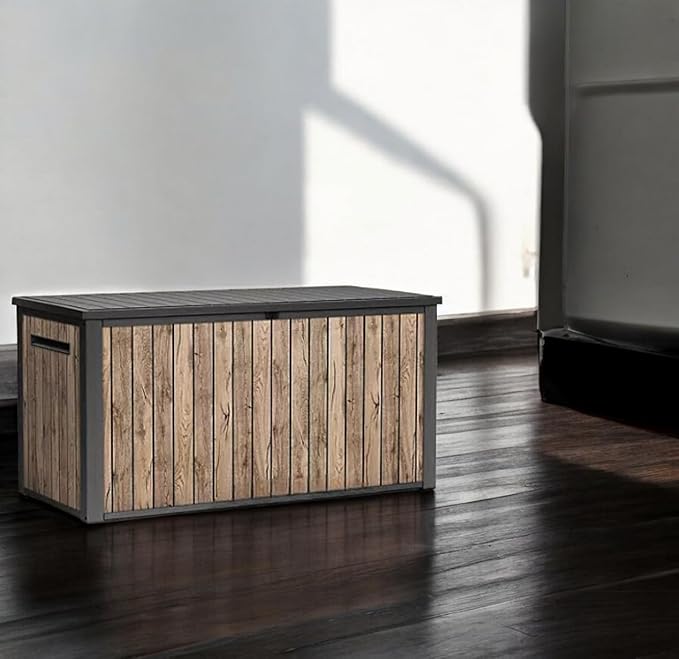 Outdoor Storage Box with Lockable Lid - Weather-Resistant and Stylish (Ash Wood Brown, 170)
