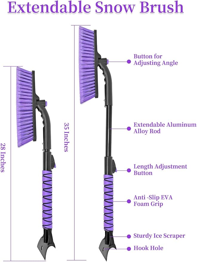 HEEYA Snow Brush for Car, Extendable Snow Brush and Ice Scraper with Foam Grip, Car Window Scraper for Snow and Ice for SUV Truck Auto Jeep RV Vehicle Windshield - Purple