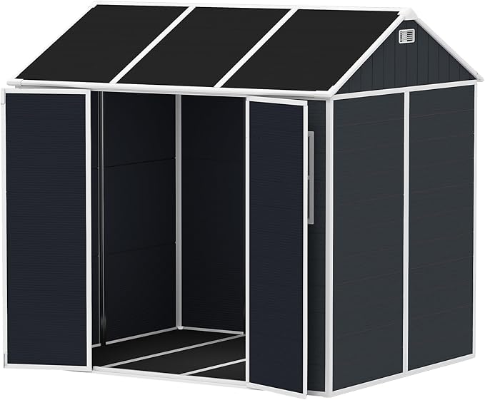 Resin Storage Shed 8x7ft, Large Tool Shed with Floor, Two-Window, Lockable Doors and Vents, 12mm Thick pp Board, Outdoor Storage Sheds for Patio, Garden, Backyard, Lawn (Dark Gray, 8 * 7ft)