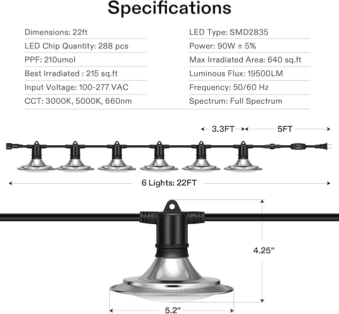 VIVOSUN Outdoor LED Grow Lights, Waterproof String Grow Light, Full Spectrum Plant Growing Lights with 22Ft Adjustable Cord for Seedling, Veg, Flower in Greenhouse, Garden, Backyard, Farm (6-Light)