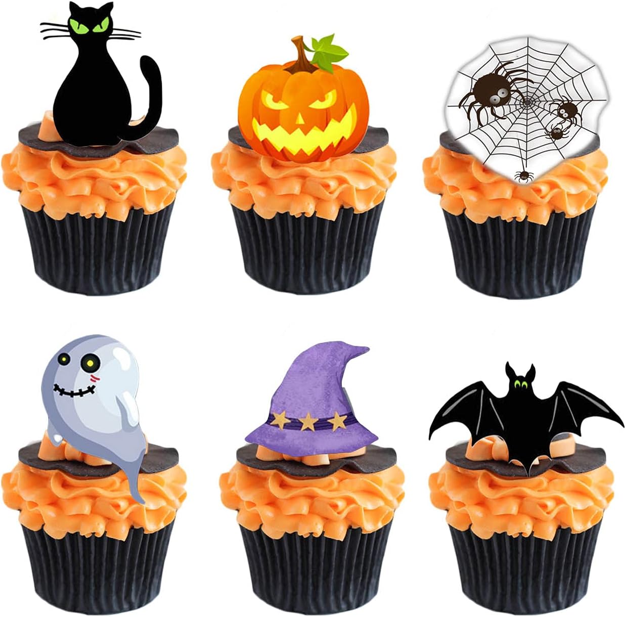 Halloween Edible Cupcake Toppers Pumpkin Ghost Bat Black Cat - Pre-cut Wafer Paper Cake Decorations,36pcs