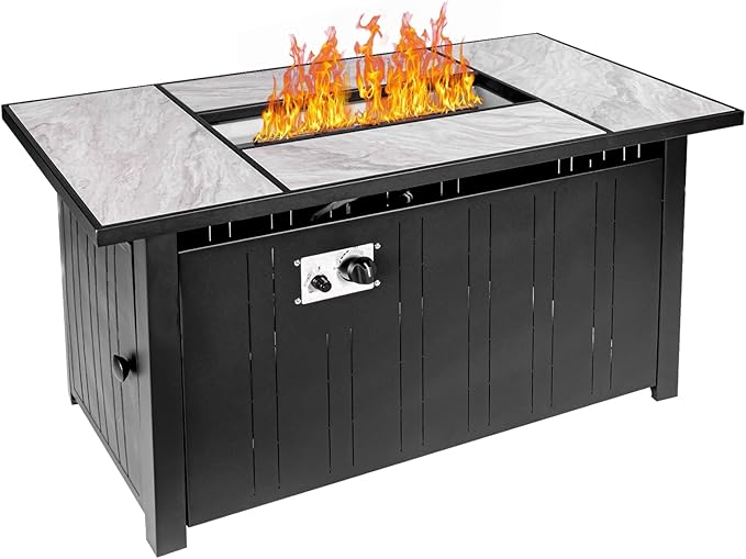 47" Propane Fire Pit Table with Real Ceramic Tabletop, 50000 BTU Gas Firepit Table with Lid & Glass Rock, Outdoor Fire Pit for Dining or Party, Firepit for Outside, Patio