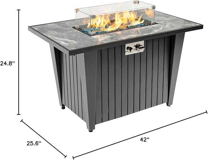 42'' Propane Fire Pit Table, Marble Tile Ceramic Tabletop with Glass Wind Guard, 50,000 BTU Fire Table, Inclined Leg and Art Powder Design, Blue Glass Rocks, Including Lid&Cover