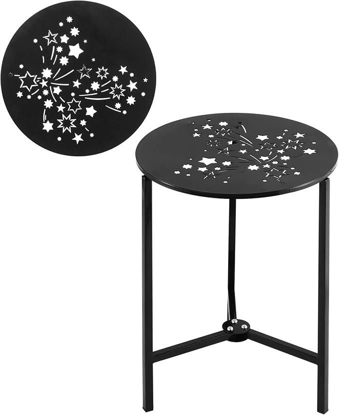 1 Pack 13" Metal Outdoor Side Tables Small Black Outside End Table for Patio Round Accent Corner Stand for Small Spaces Weather-Resistant Coffee Table for Balcony Porch Plant Stand, Starlight Pattern