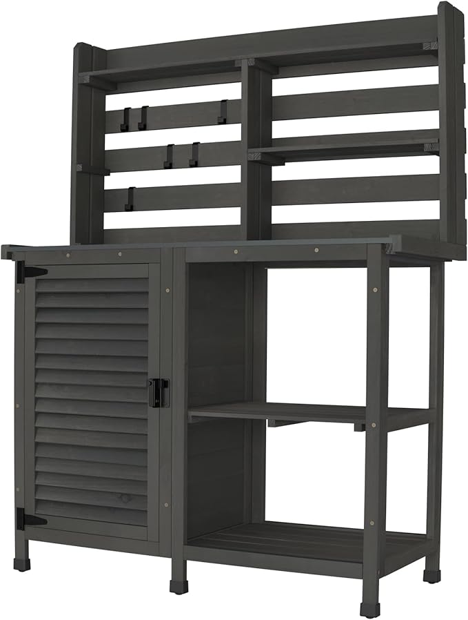 GDLF Potting Bench Table Large Garden Outdoor Work Bench Metal Tabletop Workstation with Storage Cabinet Shelf Dark Grey