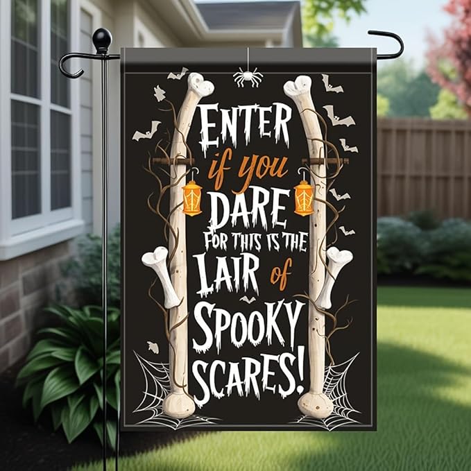 Saoplasa Halloween Garden Flag Enter lf You Dare Spooky Bones 12x18 Inch Double Sided OutdoorYard Banner for Haunted House Trick or Treat Skeleton Bone Spider Web Halloween DecorationDecor