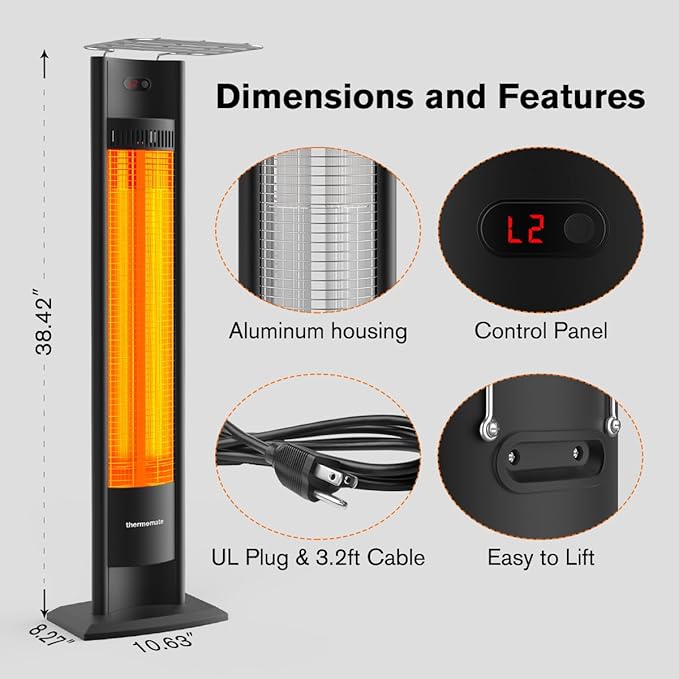 ThermoMate Outdoor Indoor Electric Patio Heater, 1500W 38.5" Portable Tower Infrared Heaer, IP55 Rated Space Radiant Heater with Remote, Timer, Tip-over Protection for Backyard, Restaurant & Garage