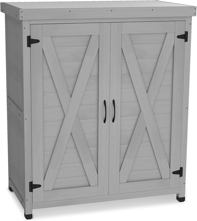 Outdoor Storage Cabinet Garden Potting Bench Table with Metal Tabletop, Solid Wood Planting Work Bench Table for Backyard Patio Lawn, 31×18×36" (Grey)