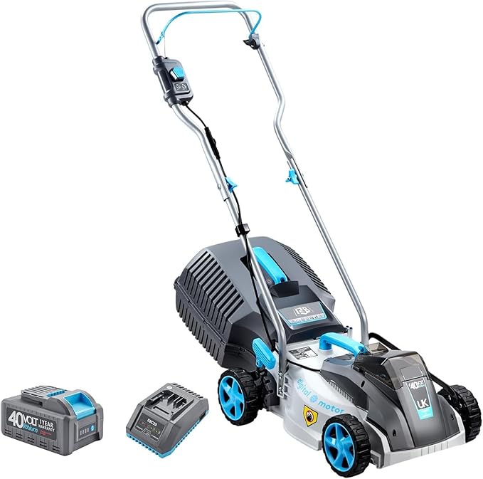 RB 13“ Cordless Lawn Mower, 13 Inch Lightweight Lawn Mower, 40V Lithium-ion Lawnmower w/Brushless Motor, 5 Cutting Heights Adjustable -Low Noise 2 in 1 Push Mower with 4.0ah Battery & Charger