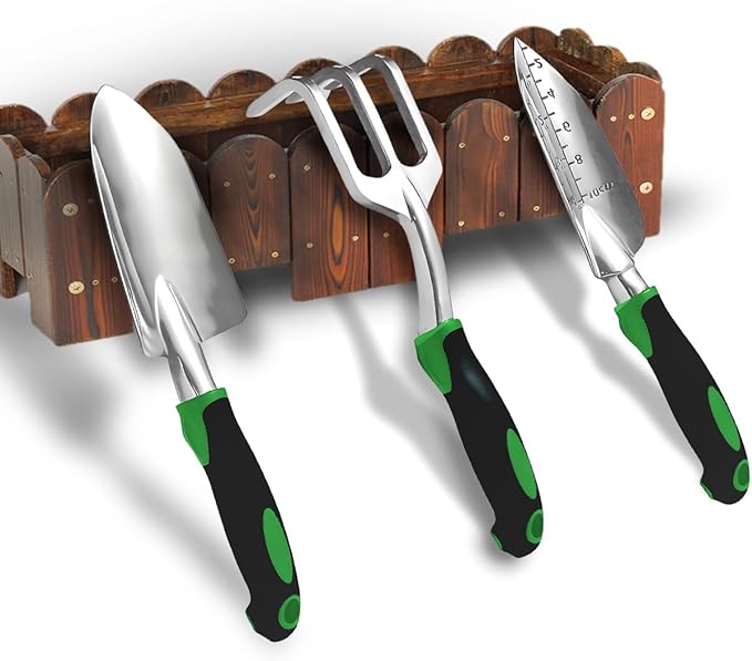 3Pcs Garden Tools, Heavy Duty Cast-Aluminum Garden Tool Set with Hand Trowel, Transplant Trowel, Cultivator Rake, Soft Rubber Ergonomic Non-Slip Handle, Ideal Gardening Gifts for Home Gardeners