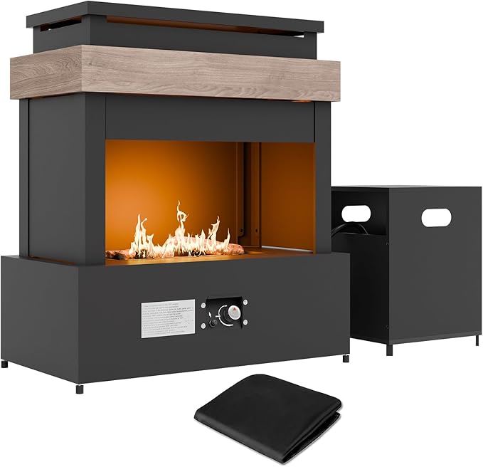 35'' Outdoor Propane Fireplace with Tank Storage, CSA Certified 50,000 BTU Patio Firepit with Dust Cover for Garden, Backyard and Balcony, Gray/Beige