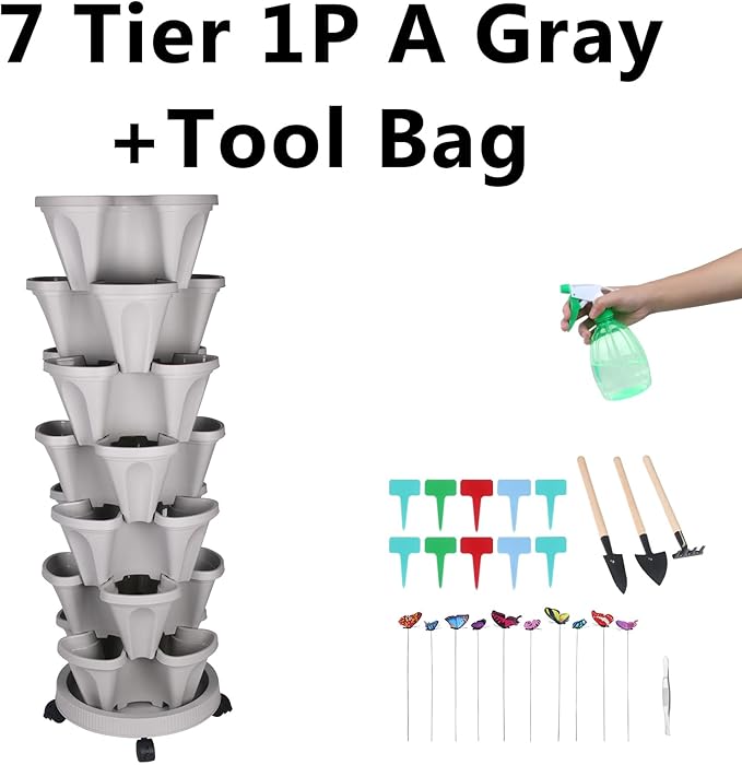 Vertical Planter, 7 Tier Stackable Strawberry Planter with Garden Tool Set, Movable Indoor/Outdoor Garden Herb Pot for Growing Vegetables and Succulents, Gray