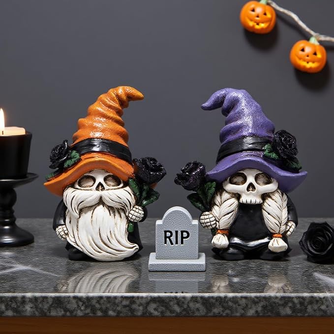 Hodao Halloween Gnomes Decorations Indoor, Resin Halloween Skull Head Handmade Figurines with Witch Hat & Rose Decor for Gift Home Bedroom Party Office Table - 2 Pcs, Orange & Purple
