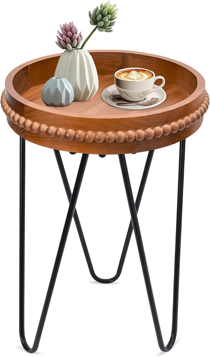 VCUTEKA Outdoor Side Table Round Small Accent Table Wood Patio Side Table End Table with 3 Metal Legs Plant Stand Indoor Coffee Tables