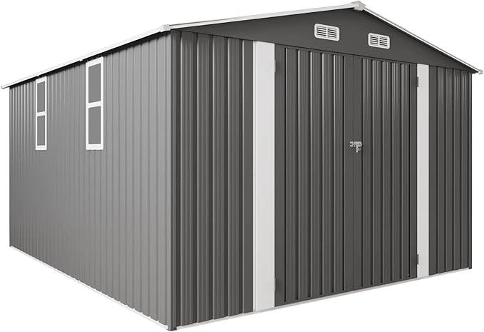 10x12x6.7FT Outdoor Storage Shed, Galvanized Steel Garden Shed with Lockable Door & Window, Waterproof Metal Tool Storage for Garden, Backyard, Patio, Lawn(Grey)