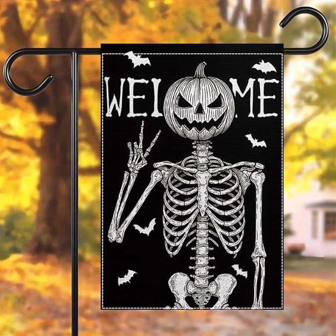 Halloween Welcome Garden Flag 12x18 Inch Double Sided, Grim Reaper Skeleton Pumpkin Yard Flag, Outdoor Porch Patio Lawn Decoration for Haunted House, Birthday Party, Holiday Seasonal Décor