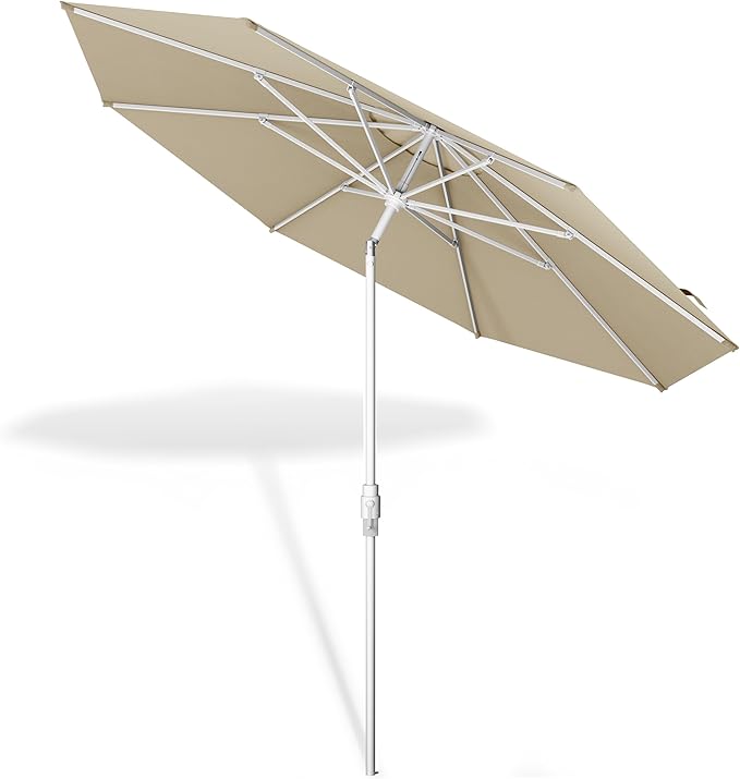 Midtown Umbrellas The Swilt 8 Feet Patio Umbrella in Terylast Chestnut (Beige) Polyester Fabric - Fiberglass Ribs, Auto-Tilt Aluminum Frame For Backyard, Deck, Garden, Pool - White Pole