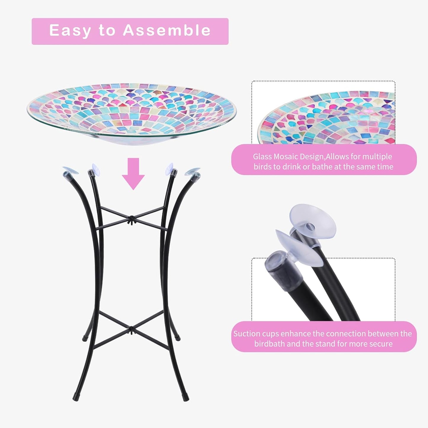 VCUTEKA Bird Baths for Outdoors, Mosaic Bird Bath with Metal Standing for Garden, Yards Patio Décor, Bird Lovers Gift, Glass Birdbath Detachable (20" H * 14" W)