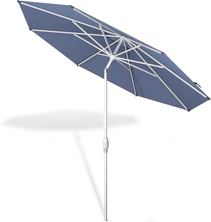 Midtown Umbrellas The Swilt 8 Feet Patio Umbrella in Terylast Light Navy Polyester Fabric - Fiberglass Ribs, Auto-Tilt Aluminum Frame For Backyard, Deck, Garden, Pool - White Pole