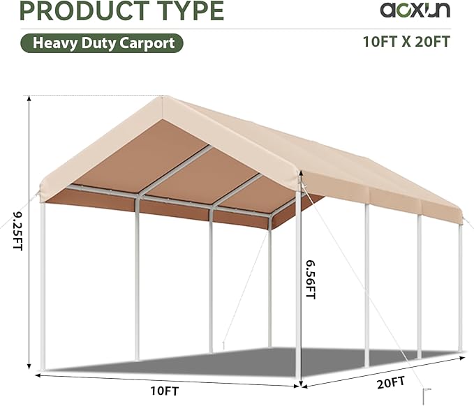 Aoxun 10x20 ft Heavy Duty Carport with Tarp & Wind Resistance Portable Carport Car Tent Outdoor Car Port with Tear Resistant Canopy, No Sidewall - Khaki