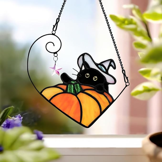 BOXCASA Black Cat Decor Stained Glass Window Hangings Pumpkin Ornament,Halloween Decor Witch Hat Cat Suncatcher for Window,Colorful Crystal Star Halloween Cats Themed Gift for Cats Lover