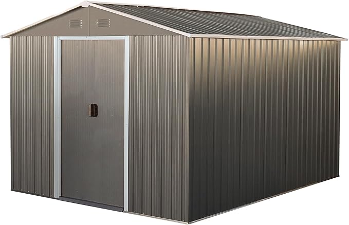 8x10 FT Outdoor Storage Shed, Metal Garden Shed with Frame Floor, Outside Tool Shed with Lockable Sliding Doors, Waterproof Storage Building with Sloped Roof for Backyard, Patio, Lawn, Gray