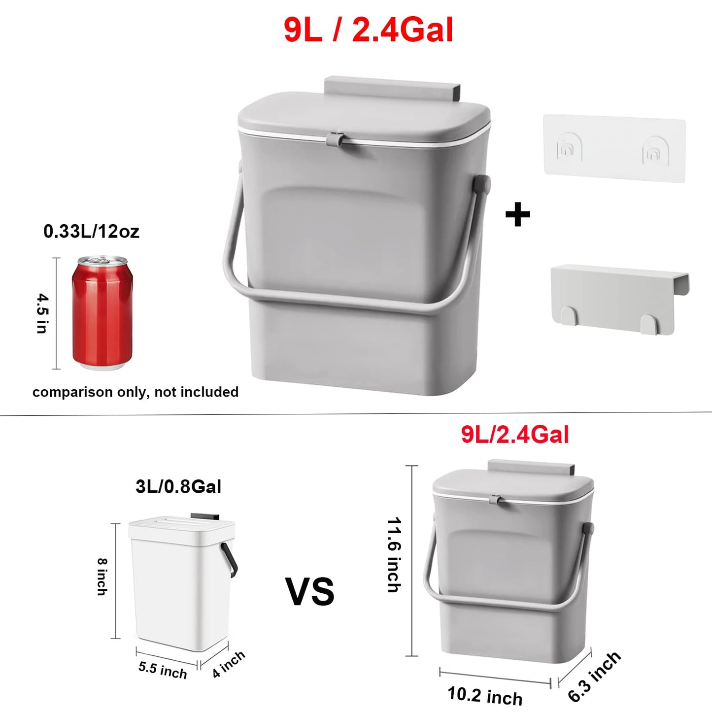 LALASTAR Kitchen Compost Bin for Countertop or Under Sink, Hanging Small Trash Can with Lid for RV/Office/Bedroom/Dorm, Mountable Indoor Compost Bucket, 9L/2.4 Gal, Grey