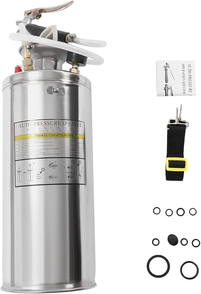 2Gal Stainless Steel Pump Up Sprayer,Heavy-Duty Stainless Steel Tank Multi-Use Sprayer,0.2-0.4MPA Hand Pump Sprayer,with 1.2m Hose, Adjustable Nozzle Suitable, Home & Garden, Silver