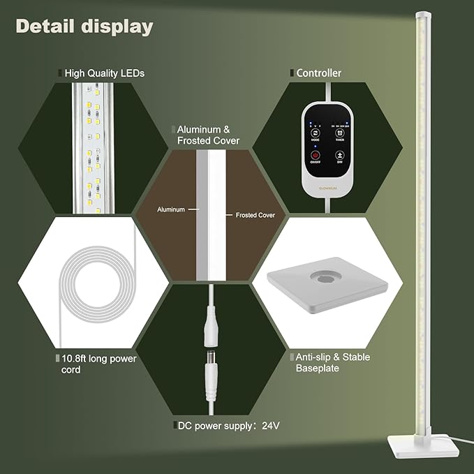 GLOWRIUM Grow Lights for Indoor Plants, 36W Vertical Plant Grow Lights with Auto-Timer, Full Spectrum LED Standing Plant Grow Light, 3 Light Modes, 6-Level Dimmable (60 in(Silver))